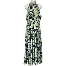 Melloday Green Blue Black Satin Abstract High Neck Maxi Dress size L NEW... - $1,250.98 MXN