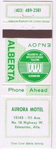 Matchbook Cover Aurora Motel North West Calgary Alberta - $0.98