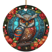 Cute Owl Bird Art Stained Glass Colors Wreath Christmas Ornament Owls Lover - £11.82 GBP