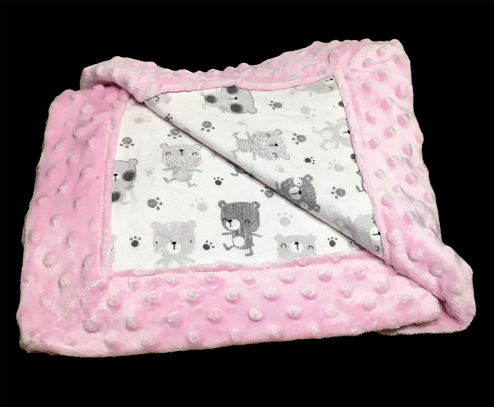 Pink Minky Dot Baby Blanket Teddy Bear Design LARGE 36" x 24" Unique Blankie - £51.32 GBP