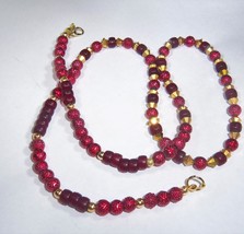 Necklace Bead Red Textured Glass Metal Spacers Long 24&quot; + Upcycled Handmade - £7.96 GBP