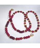 Necklace Bead Red Textured Glass Metal Spacers Long 24&quot; + Upcycled Handmade - $10.00