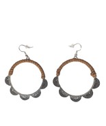 Artisan Hoop Earrings Wine Thread &amp; Etched Gold Scallop Boho Retro Vibe - $29.77 CAD