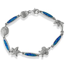 Sterling Silver Alternating Blue Inlay Opal Bar and Sealife Bracelet - £109.16 GBP