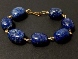 Chunky Lapis Bracelet, Blue Stone Jewelry, Gold Wire Wrapped Lapis Lazuli - £30.36 GBP