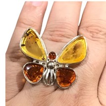 Sterling 925 Genuine Baltic Amber Butterfly Statement Cocktail Ring   Adjustable - £74.72 GBP
