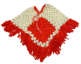 Vintage Handmade Girls Crocheted Cape Red and White Tie at Neck 20 x 18 in - £14.09 GBP