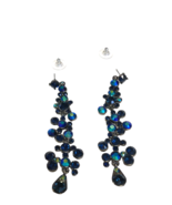 Navy Blue Aqua Earrings Long Rhinestone Crystal Pageant Dangle Drop Pier... - $19.50