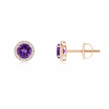 Natural Amethyst Round Earrings with Diamond Halo in 14K Gold (Grade-AAAA , 4MM) - £648.76 GBP