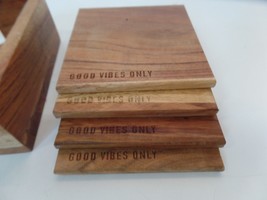 Stamped Good Vibes Only Set of 4 Square Wood Coasters &amp; Box Made in India - £15.87 GBP