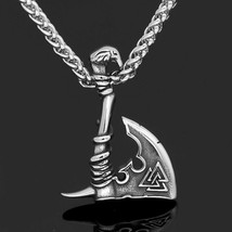 Viking Axe Necklace Mens Silver Stainless Steel Norse Warrior Valknut Pendant - £18.16 GBP