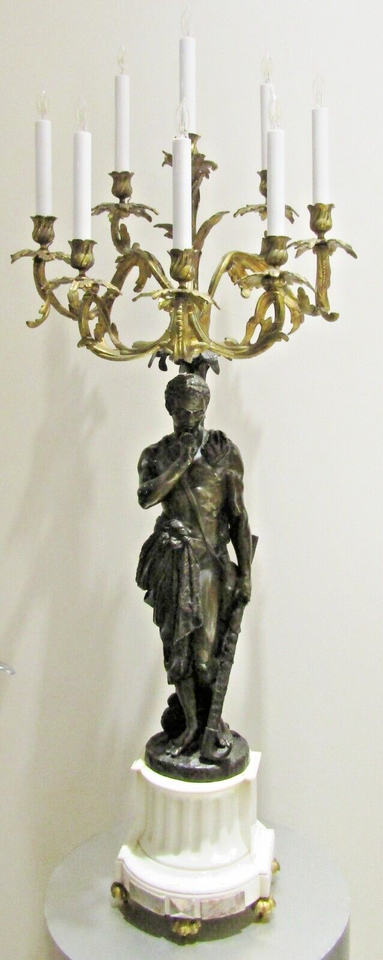Antique 19th C. French Gilt and Patinated Bronze and Marble Figural Cand... - $4,945.05