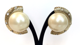 Large Statement Clip On Earrings Faux Pearl Gold Tone &amp; Rhinestone - $15.00