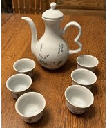 Asian Sage Green Long Neck Saki Teapot &amp; 6 Cups Dogwood Branch Japanese ... - $25.59 CAD