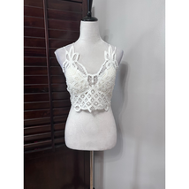 Shein Womens Camisole Cami Top White Mixed Print Spaghetti Strap Sheer Crochet M - £8.87 GBP