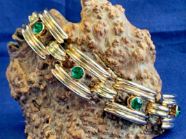 Vtg 1/20 12K Gold Filled Bracelet 7.5&quot; Fashion Jewelry Emerald Color Stones - £102.81 GBP
