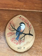 Vintage Artist Signed Painted Bird in Branch w Red Berries on Wood Teard... - $14.89