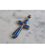 Womens Sterling Silver Blue Opal Religious Cross Pendant 4.1g E4461 - $55.20 CAD
