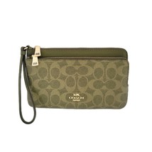 Coach CX161 Double Zip Wallet Signature Canvas Clutch Wristlet Olive Green - $95.30