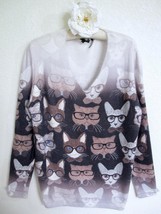 Tricotto Sweater Cats In Glasses L Ultra Soft V-Neck Rhinestone Embellished - £47.95 GBP