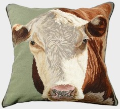 Throw Pillow Needlepoint Hereford 20x20 Sage Green Gray Dark Brown Cotton - £250.27 GBP