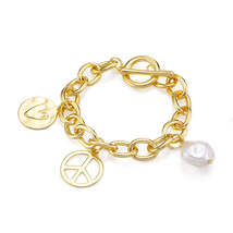 Pearl &amp; 18K Gold-Plated Peace Sign Heart Charm Bracelet - £11.25 GBP
