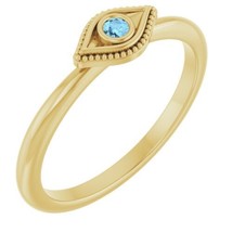 14K Yellow Gold Natural Aquamarine Stackable Evil Eye Ring - £307.04 GBP