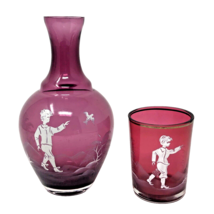 Vintage Mary Gregory Cranberry Glass Tumble Up Boy w/Bird Carafe &amp; Tumbler Set  - $39.99