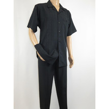 Men 2pc Walking Leisure Suit Short Sleeves DREAMS Plaid Satin 253-00 Black image 2