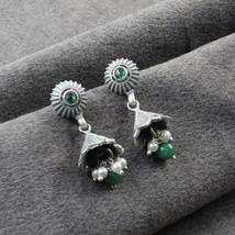 Real 925 Sterling Silver Oxidized Jhumaki with emerald and pearl hanging - £20.56 GBP