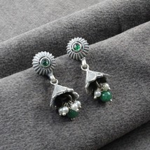 Real 925 Sterling Silver Oxidized Jhumaki with emerald and pearl hanging - £19.78 GBP