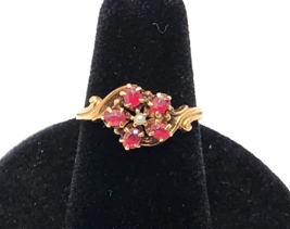 Antique Ruby &amp; Seed Pearl Flower 10K Yellow Gold Ring - £213.88 GBP