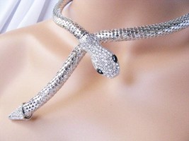 Silver Metal Fashion Clear Rhinestone Snake Choker Necklace Trending Coil Neckla - £17.54 GBP