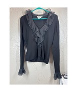 Kay Unger New York Black 100% Silk Wrap Blouse Ruffle Trim Long Sleeve M... - $744.05 MXN
