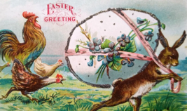Easter Postcard Fantasy Rabbit Hen Rooster Big Exaggerated Egg Glitter Mica E9 - £8.79 GBP