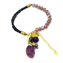 Beautiful Purple Agate &amp; Crystals w/ Brass Accents Braided Leatherette Bracelet - £9.21 GBP