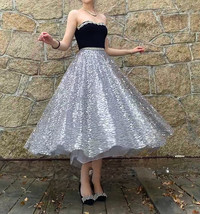 SILVER Sequin Tulle Midi Skirt Outfit Women Custom Plus Size Sparkly Tulle Skirt image 2
