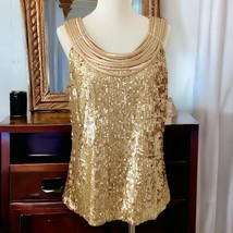 Gold Sequin Sleeveless Top NEW L Encrusted Satin Rhinestones Swank Dressbarn - £22.13 GBP