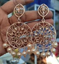 Bollywood Style Indian Kundan Rose Gold Plated CZ Round Earrings Jewelry Set - £22.40 GBP
