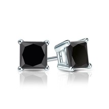 1.50CT Princess Black Simulated Diamond Stud Earrings Solid 14K White Gold  - £36.39 GBP