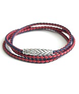 David Yurman 925 Sterling Silver Chevron Triple Wrap Blue Red Leather Br... - $435.58