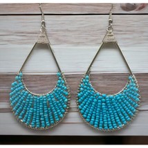 Baby Blue Teardrop Earrings Vintage Silver Tone Seed Beads Dangle - £10.32 GBP