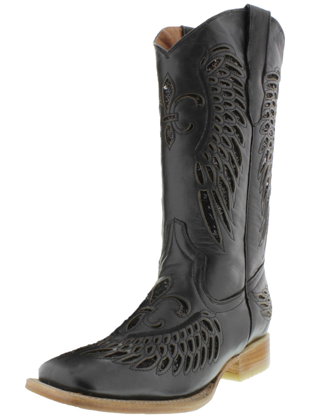 Womens Western Boots Black Leather Sequins Fleur-De-Lis Wings Size 4.5 - $76.82