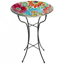 18-inch Blue Yellow Red Pastel Flowers Painted Glass Outdoor Bird Bath w... - $2,963.56 MXN