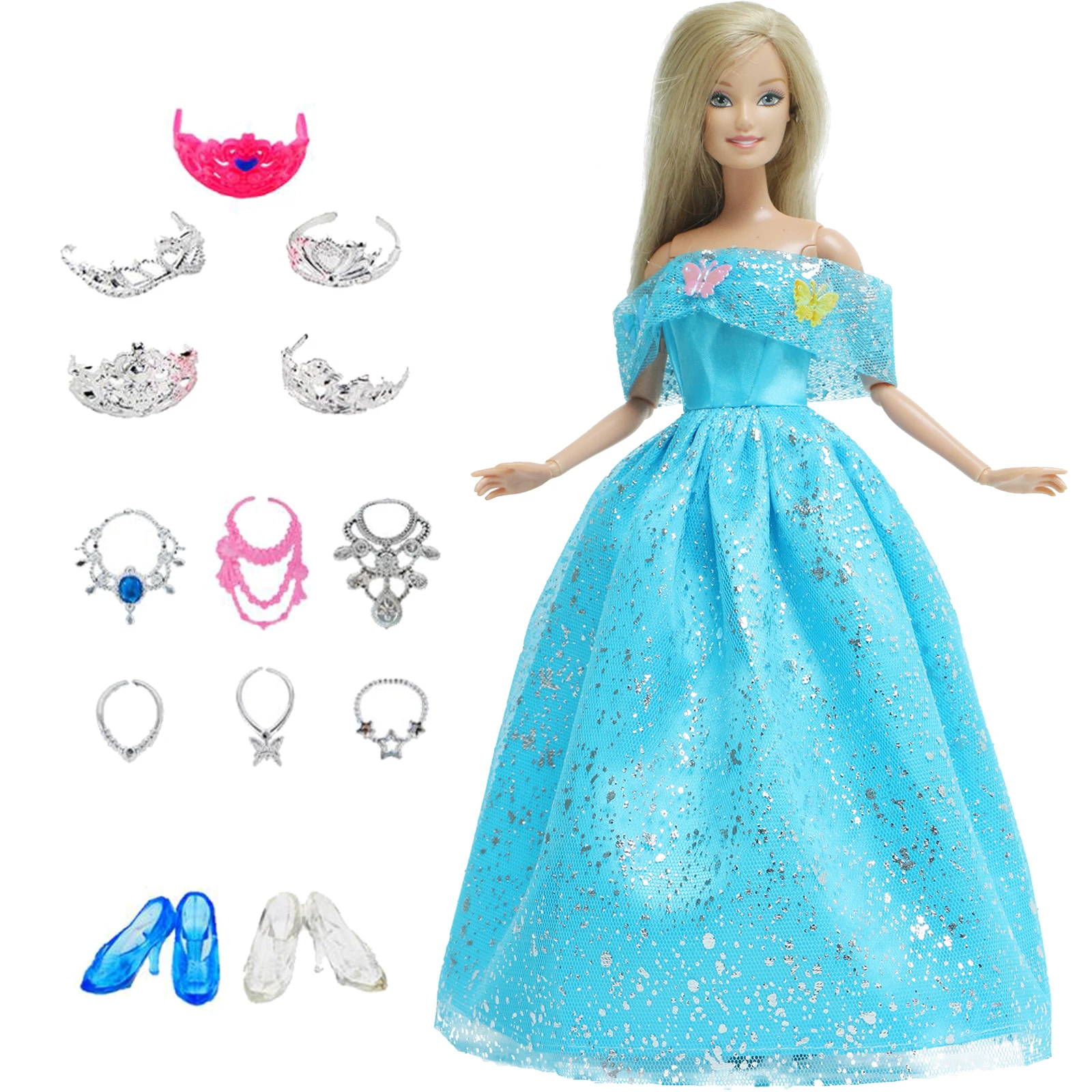 14 Pcs / Lot = 1x Fairy Tale Doll Dress + 13x Random Accessories Shoes Handbag - £6.57 GBP+