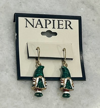 Napier Gold Tone Green Red White Enamel Christmas Knome Drop Dangle Earr... - $12.63