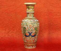 12&quot; Marble Stone Flower Vase Emboss Hand Carved Pot Handicraft Meenakari Painted - £117.91 GBP