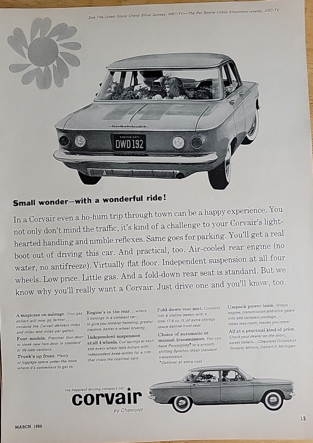Vintage Ad Chevrolet Corvair 'Small Wonder With A Wonderful Ride!' 1960 - £6.75 GBP