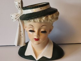 Napco Lady Head Vase Planter C2633B 1966 Green Hat - £54.61 GBP