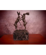 Exquisite Bronze Figurine Of Hares On Pedestal - £191.86 GBP